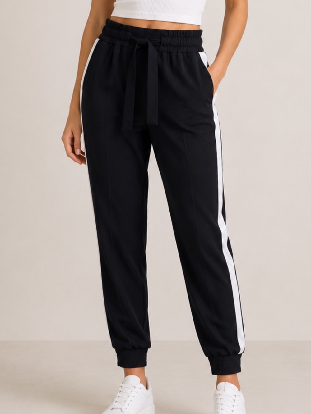 Dynamite High Rise Tie Waist Side Stripe Trousers Black White Size Small
